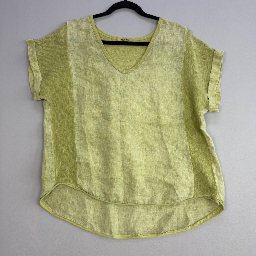 Meo Meli Italy Linen Cotton Blend Paneled V-Neck Top Lime Green Short Sleeve M